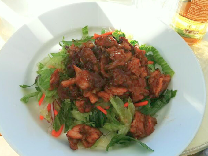Jerk Chicken Salad - Fresh mixed greens topped with spicy jerk chicken, tropical fruits, and Caribbean dressing